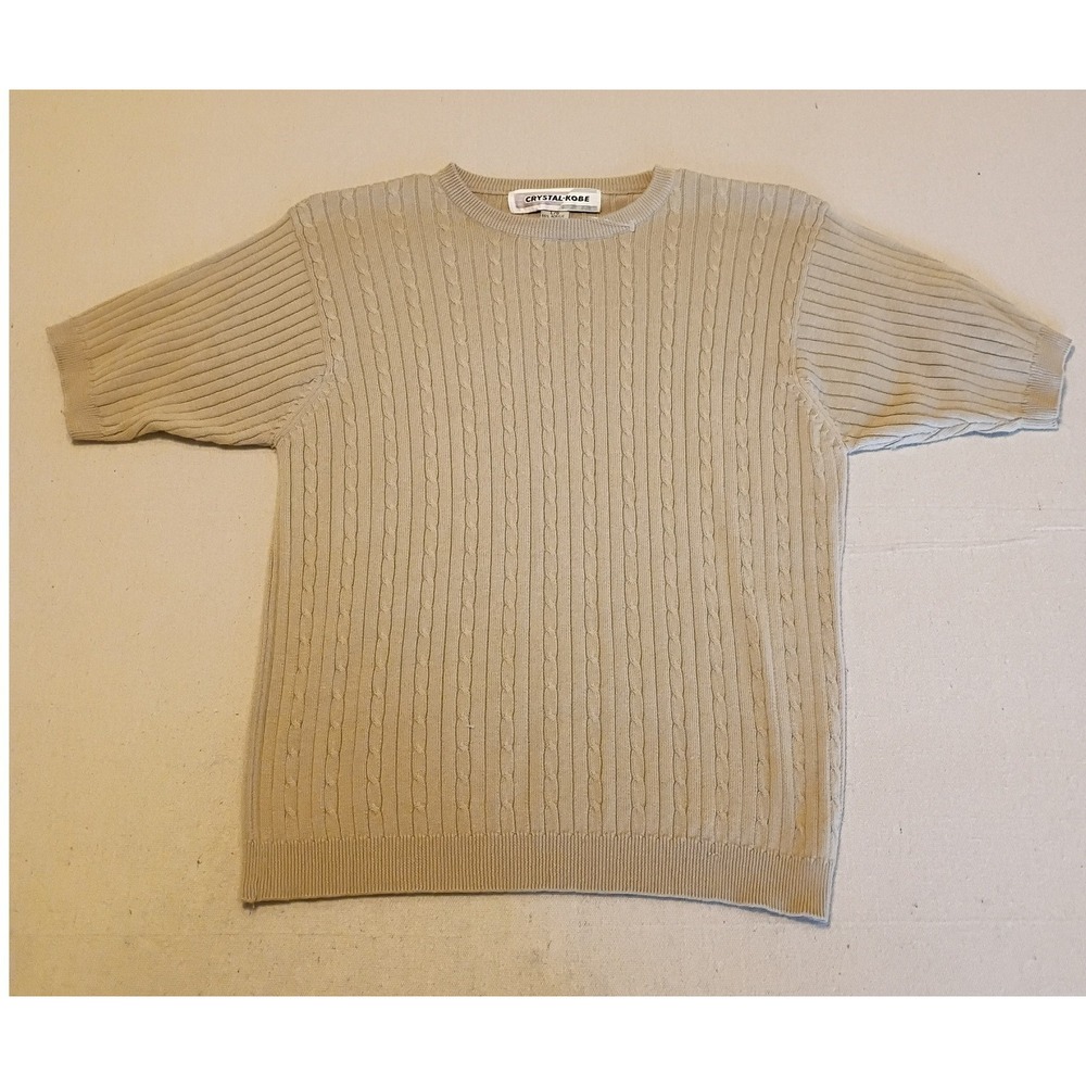 Crystal Kobe Womens Beige Cable Knit Short Sleeve Sweater Crew Neck Tan Large